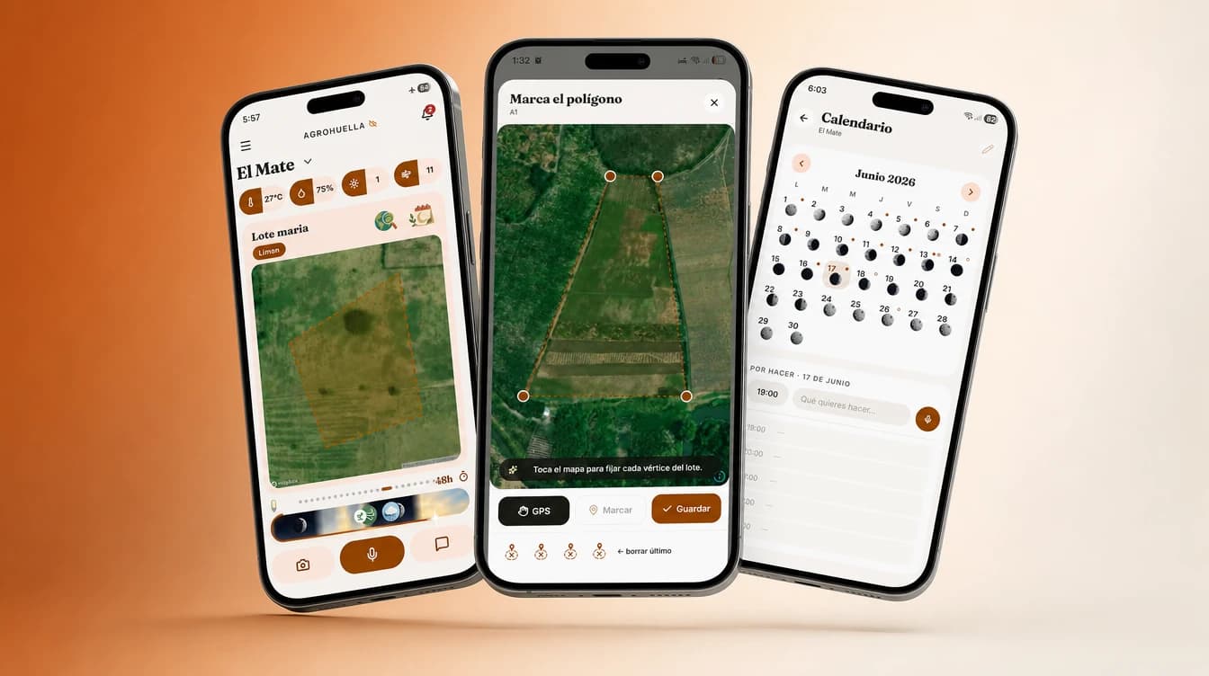 Tres pantallas de la app de Agrohuella: el inicio de la finca con clima y lotes, el mapeo del polígono sobre satélite y el calendario lunar con tareas.